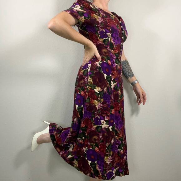 Vintage 90s No Boundaries Dark Floral Button Front Midi Dress Tie Back Dress - Picture 2 of 10